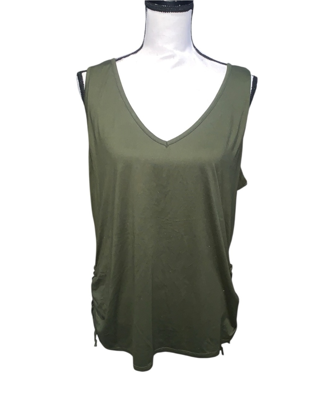 M. Fasis Dark Green V-neck Sleeveless Shirt Ruched Sides Ladder Back